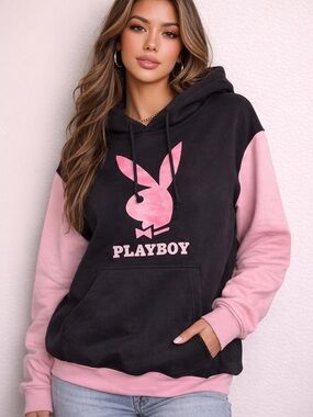 PLAYBOY Black and Pink Logo Pullover Hoodie
